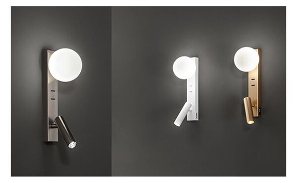 FOG APPLIQUE CON PORTA USB E FARETTO ORIENTABILE IN ALLUMINIO BIANCO,GRIGIO E ORO DESIGN MODERNO