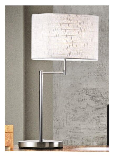 ROUND HOTEL LAMPADA DA TAVOLO CROMO CON PARALUME IN TESSUTO BIANCO LAMPADINA E27 DESIGN MODERNO