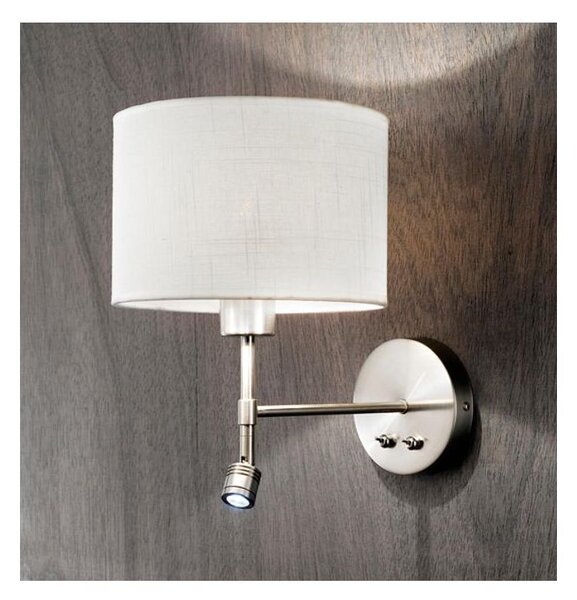 ROUND HOTEL APPLIQUE CROMO CON LUCE DA LETTURA E PARALUME IN TESSUTO BIANCO LAMPADINA E27 + LED 1W