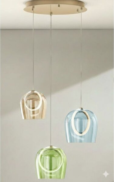 PINTA SOSPENSIONE 3 LUCI IN METALLO ORO CON DIFFUSORI IN VETRO COLORATO LED 25W LUCE 3000K MODERNA