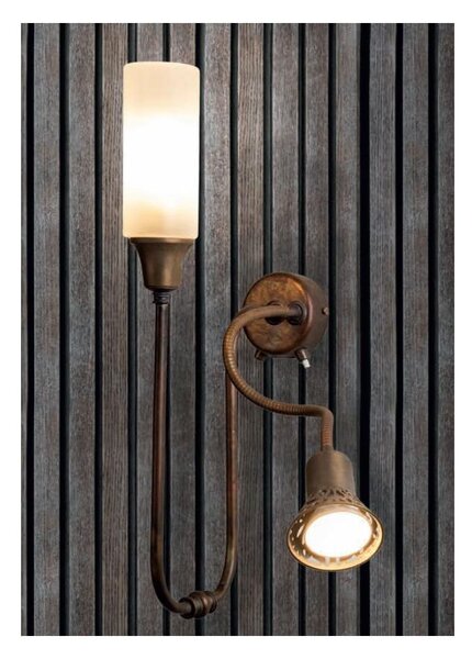 LAMPADA DA PARETE A 2 LUCI IN OTTONE CON BRACCIO FLESSIBILE DIFFUSORE A CILINDRO IN VETRO MADE IN ITALY IMAS