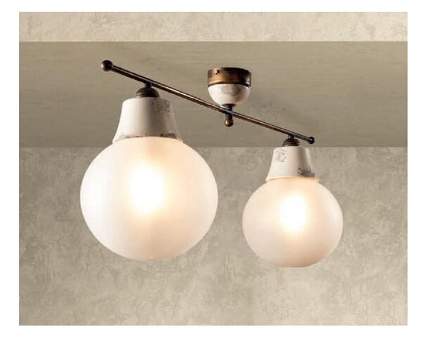 PLAFONIERA LINEARE 2 LUCI IN OTTONE INVECCHIATO E TERRACOTTA DECORATA CON SFERE IN VETRO MADE IN ITALY