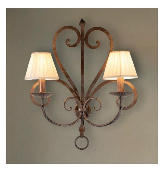 APPLIQUE 2 LUCI IN FERRO BATTUTO FINITURA OTTONE ANTICATO CON PARALUMI MADE IN ITALY IMAS FIRENZE RUSTICA