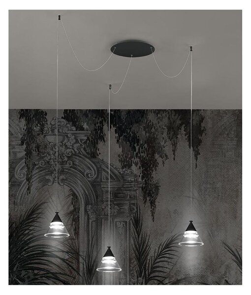 CONY SOSPENSIONE 3 LUCI DECENTRATA LED 21W CCT 3000K-4000K IN METALLO 3 COLORI CON DIFFUSORI TRASPARENTI