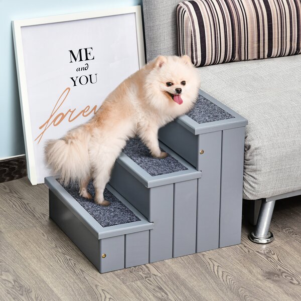 PawHut Scale 3 Gradini con Tappetino Antiscivolo e Spazio Interno Per animali domestici anziani, 40.5x44.5x38cm, Grigio | Aosom Italy