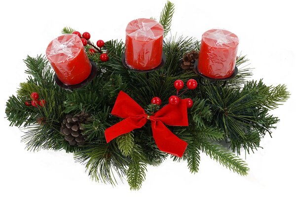 Portacandela 3 Candele con Fiocco Rosso Pigne e Bacche