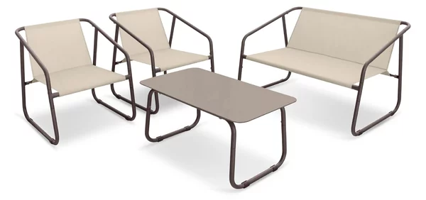 Set Salotto da Giardino Tavolo 2 Poltrone e Divano in Acciaio e Textilene Nizza Marrone e Beige