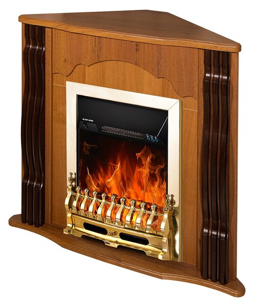 Camino Elettrico da Pavimento ad Angolo 88,2x95x47,3 cm Effetto Fiamma 2000W Clasic & Galileo gold Noce