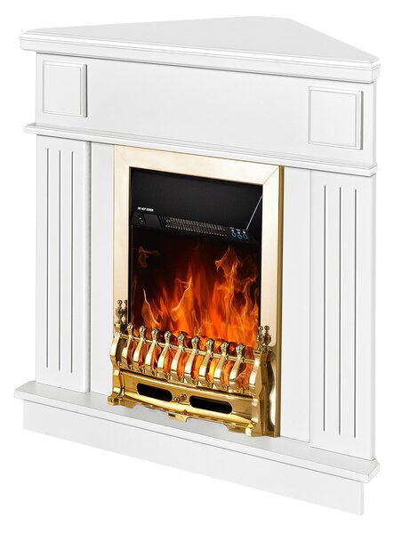 Camino Elettrico da Pavimento ad Angolo 100x100x50 cm Effetto Fiamma 2000W Marina & Galileo Gold Bianco