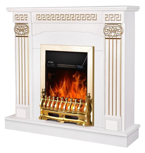 Camino Elettrico da Pavimento 102x110x30 cm Effetto Fiamma 2000W Calisto & Galileo gold Bianco