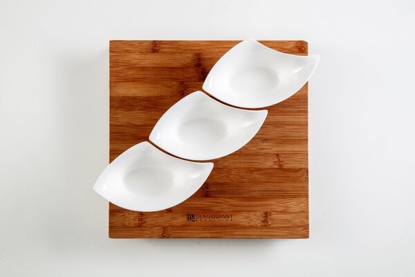 Kit Aperitivo Tagliere Legno Scuro 29x29x4 cm con 3 Bowl in Porcellana