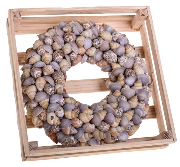 Corona di Conchiglie in Cassetta di Legno Larghezza 25 cm