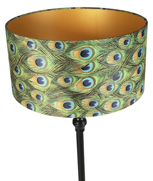Lampada da terra nera con paralume in velluto pavone oro 50 cm - Classico