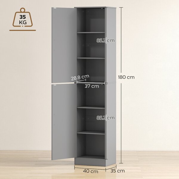 HOMCOM Colonna bagno con 2 ante e 4 ripiani regolabili, 40 x 35 x 180 cm, grigio | Aosom Italy