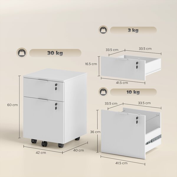 HOMCOM Cassettiera da ufficio, 2 cassetti chiudibili con chiavi, 42x40x60 cm | Aosom Italy