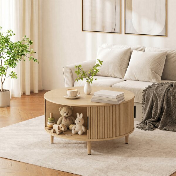 HOMCOM Tavolino Rotondo 80 cm con Piano Ribaltabile e Contenitore Nascosto, Legno Naturale | Aosom Italy