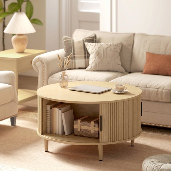 HOMCOM Tavolino Rotondo 80 cm con Piano Ribaltabile e Contenitore Nascosto, Legno Naturale | Aosom Italy
