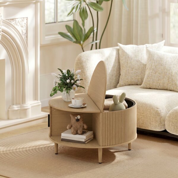HOMCOM Tavolino Rotondo 80 cm con Piano Ribaltabile e Contenitore Nascosto, Legno Naturale | Aosom Italy