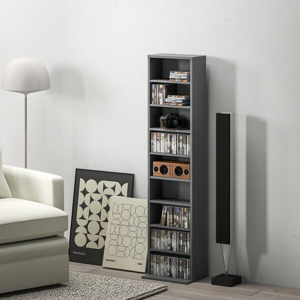 HOMCOM Mobile Porta CD e DVD 9 scomparti e 6 ripiani regolabili, max. 260 CD/120 DVD, 33x24x140 cm, grigio | Aosom Italy