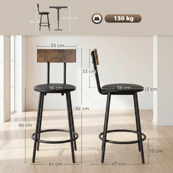 HOMCOM Set 2 Sgabelli da Bar con Schienale e Poggiapiedi in Pelle PU, 41x47x92 cm, Nero | Aosom Italy
