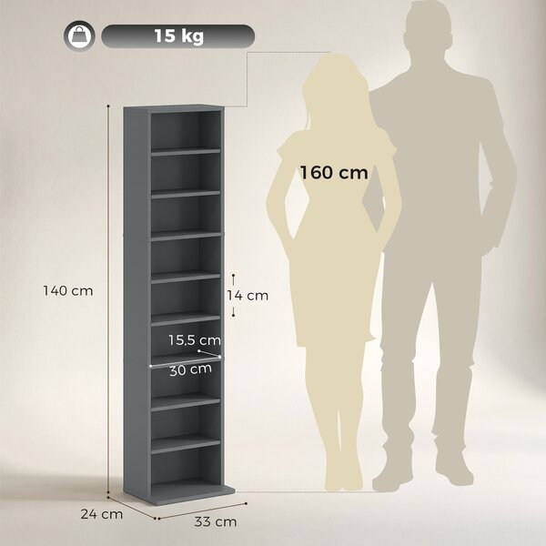 HOMCOM Mobile Porta CD e DVD 9 scomparti e 6 ripiani regolabili, max. 260 CD/120 DVD, 33x24x140 cm, grigio | Aosom Italy