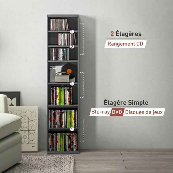 HOMCOM Mobile Porta CD e DVD 9 scomparti e 6 ripiani regolabili, max. 260 CD/120 DVD, 33x24x140 cm, grigio | Aosom Italy