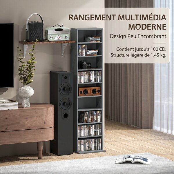 HOMCOM Mobile Porta CD e DVD 9 scomparti e 6 ripiani regolabili, max. 260 CD/120 DVD, 33x24x140 cm, grigio | Aosom Italy