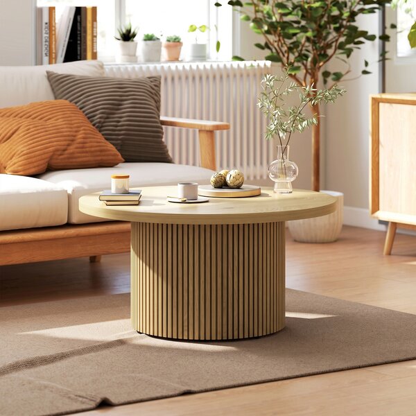 HOMCOM Tavolino moderno rotondo in legno con base scanalata, effetto legno naturale | Aosom Italy