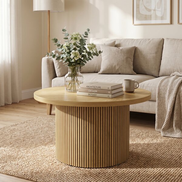 HOMCOM Tavolino moderno rotondo in legno con base scanalata, effetto legno naturale | Aosom Italy