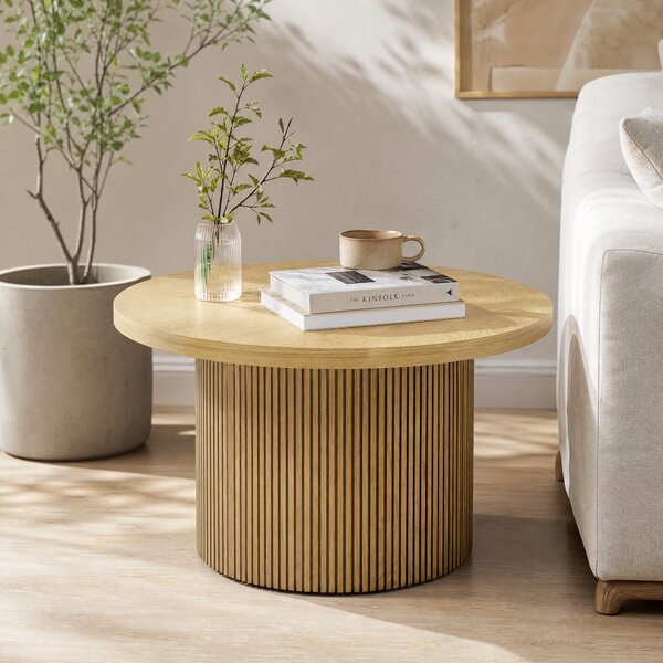 HOMCOM Tavolino moderno rotondo in legno con base scanalata, effetto legno naturale | Aosom Italy
