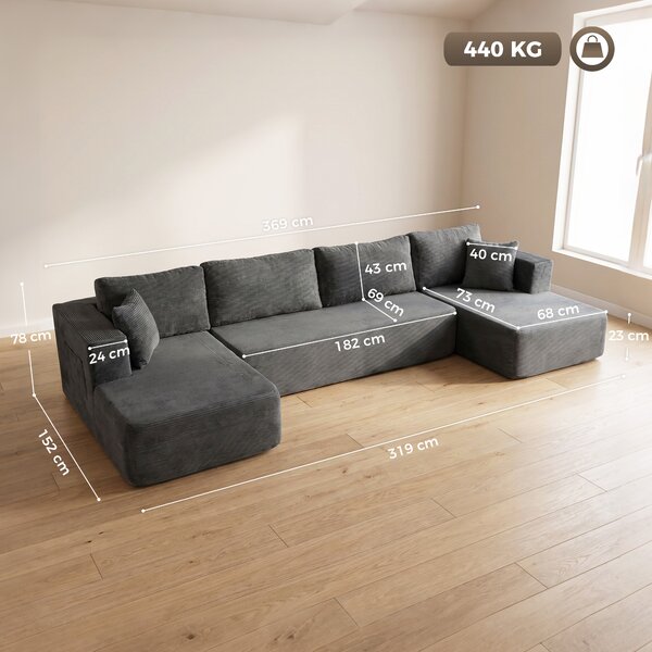 HOMCOM Divano Modulare 4 Posti con 2 Chaise Longue e 6 Cuscini, 369x152x78 cm, Grigio | Aosom Italy
