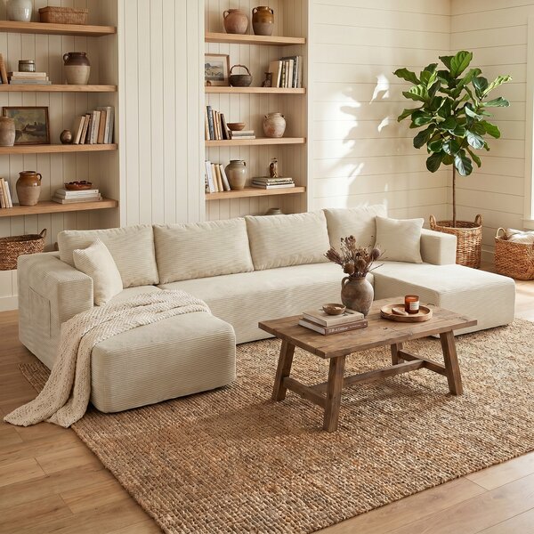 HOMCOM Divano Modulare a U Convertibile da 4 posti in Velluto a Coste, 366x152x68 cm, Crema | Aosom Italy