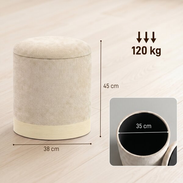 HOMCOM Pouf contenitore rotondo in ciniglia con base in metallo ed effetto legno, beige | Aosom Italy