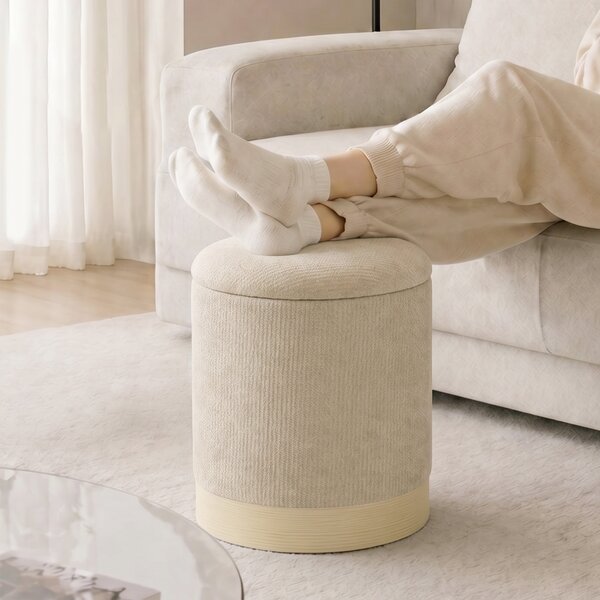 HOMCOM Pouf contenitore rotondo in ciniglia con base in metallo ed effetto legno, beige | Aosom Italy