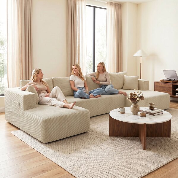HOMCOM Divano Modulare a U Convertibile da 4 posti in Velluto a Coste, 366x152x68 cm, Crema | Aosom Italy