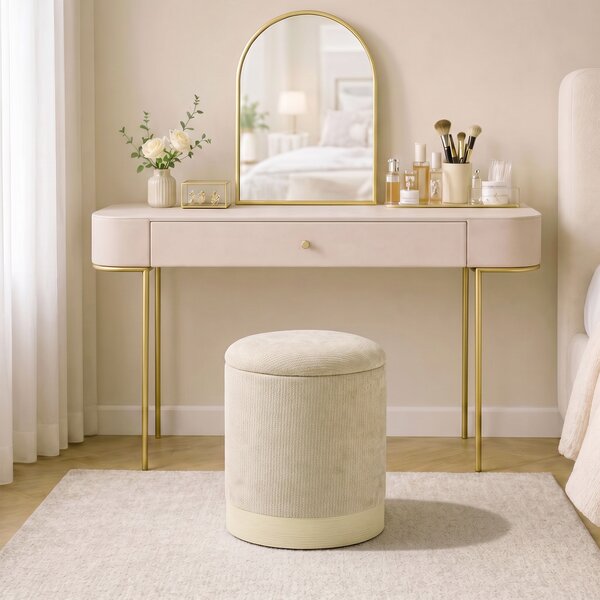 HOMCOM Pouf contenitore rotondo in ciniglia con base in metallo ed effetto legno, beige | Aosom Italy