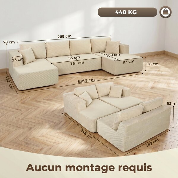 HOMCOM Divano Modulare a U Convertibile da 4 posti in Velluto a Coste, 366x152x68 cm, Crema | Aosom Italy
