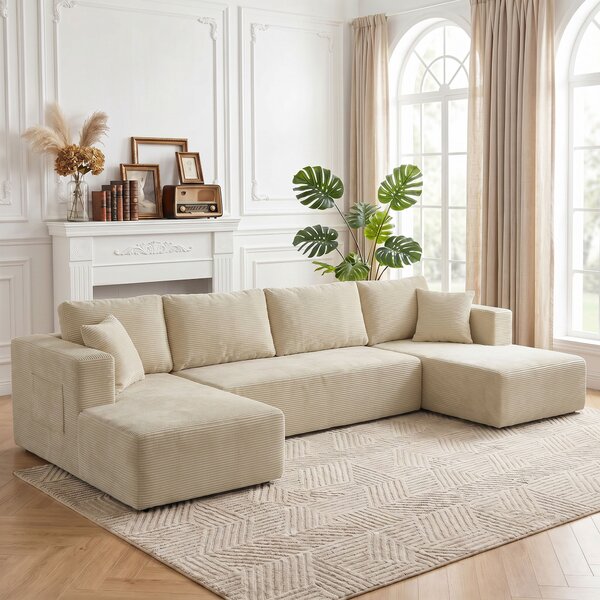 HOMCOM Divano Modulare a U Convertibile da 4 posti in Velluto a Coste, 366x152x68 cm, Crema | Aosom Italy