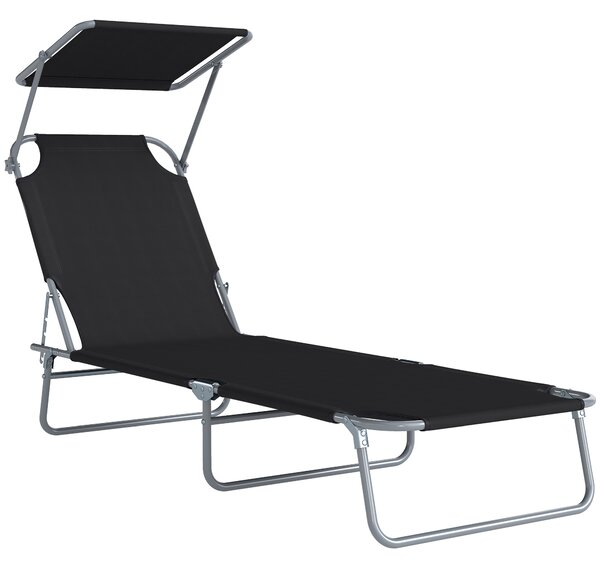 Outsunny Lettino Prendisole Reclinabile su 4 Livelli con Tettuccio, Sdraio Giardino in Tessuto Nero, Lettino da Esterno, 187x58x36cm | Aosom Italy