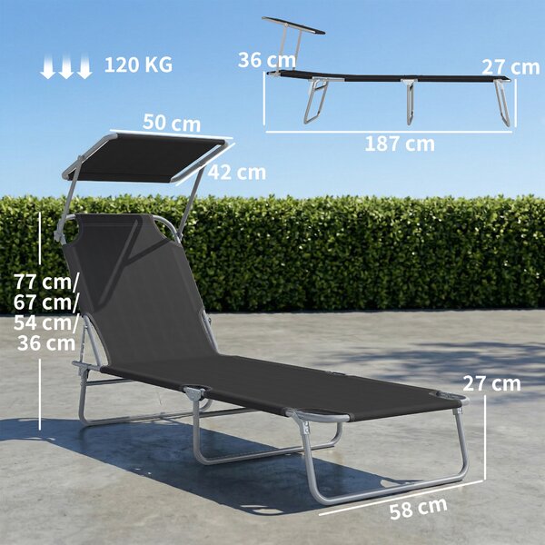 Outsunny Lettino Prendisole Reclinabile su 4 Livelli con Tettuccio, Sdraio Giardino in Tessuto Nero, Lettino da Esterno, 187x58x36cm | Aosom Italy