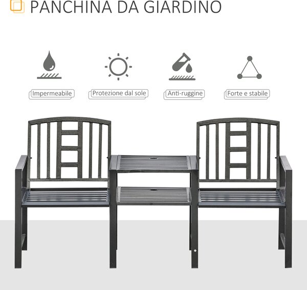 Outsunny Panchina da Giardino Moderna 2 Posti con Tavolino e Foro per Ombrellone Arredamento da Esterno 165x56x85.5cm Nero|Aosom