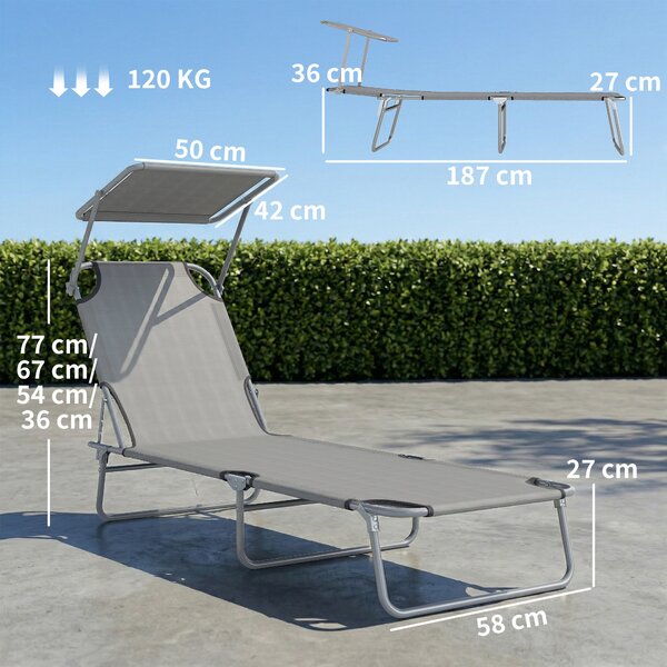 Outsunny Sdraio da Giardino Pieghevole con Tettuccio Regolabile e Schienale Reclinabile a 4 Livelli, Grigio Chiaro