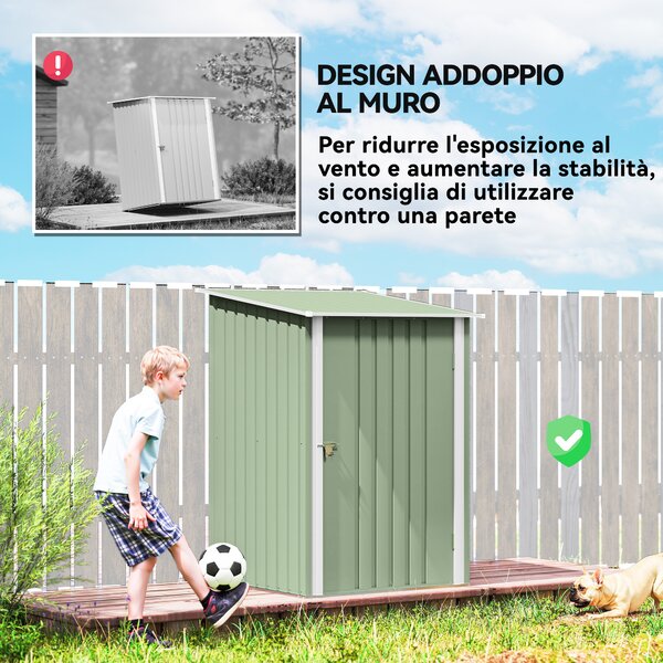 Outsunny Casetta da Giardino con Porta e tetto inclinato, Capanno Porta Attrezzi in Acciaio, 100x104x160 cm, Verde Chiaro | Aosom Italy