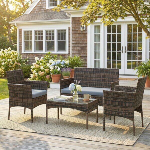 Outsunny Set da Giardino 4pz con Divano 2 Posti, 2 Sedie e Tavolino Basso, in Rattan e Acciaio, Grigio e Marrone | Aosom Italy