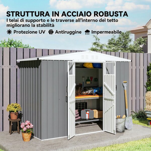 Outsunny Capanno da Giardino Porta Attrezzi in Acciaio Zincato con 2 Porte, 246x117x180 cm, Grigio Chiaro | Aosom Italy