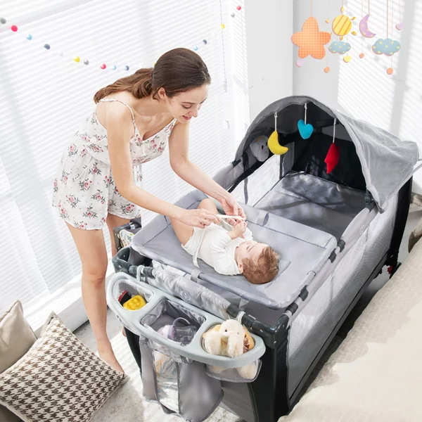 Costway Culla per bambini pieghevole con zanzariera, Lettino per bimbi a due livelli regolabile 124x65x81cm Grigio