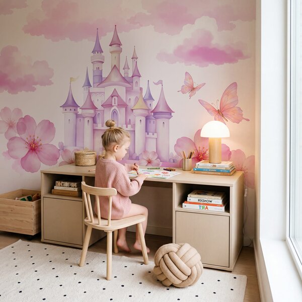 Carta da parati Castello rosa con farfalle e nuvole rosa, Carta da parati per Bambini, Carta da parati popolare, t00802 - Tapeko.it