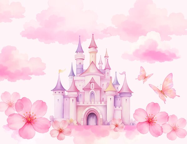 Carta da parati Castello rosa con farfalle e nuvole rosa, Carta da parati per Bambini, Carta da parati popolare, t00802 - Tapeko.it