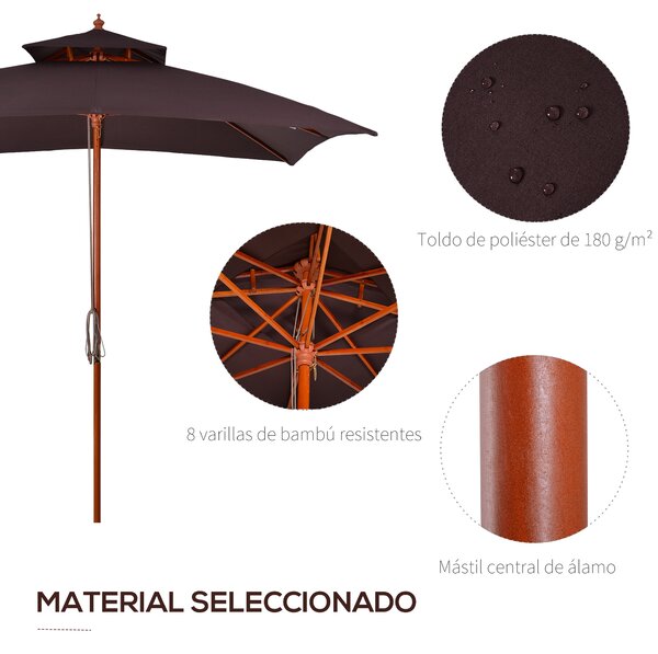 Outsunny Ombrellone da Giardino 3x3m con 8 Stecche in Bamboo e Copertura Parasole a 2 Livelli, Marrone|Aosom