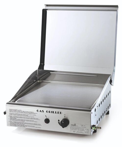 Piastra per barbecue a gas Ompagrill, modello 4044/M, alimentazione GPL o metano, tipologia plancha, singola, con coperchio in acciaio inossidabile, dimensioni 40x43 cm, potenza 3,7 kW